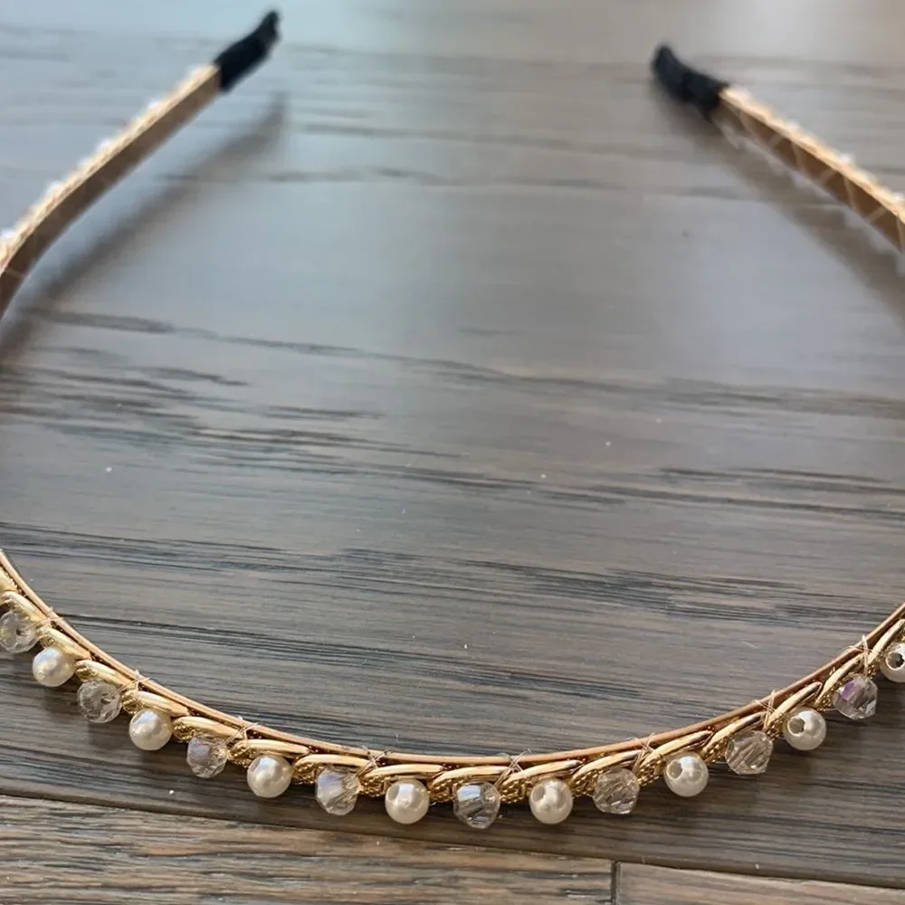 Thin Jeweled Headband with Pearls & Crystals - Dainty Golden Tone